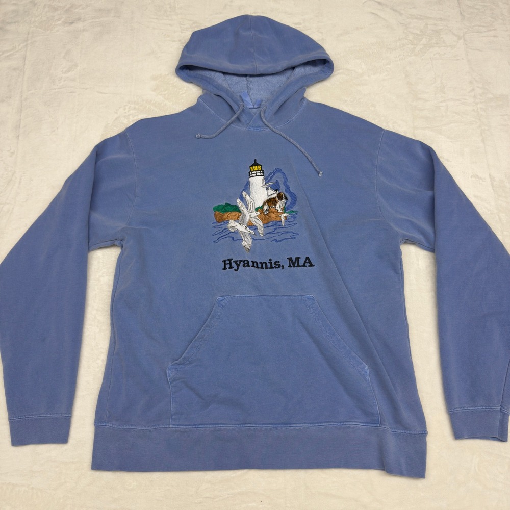 Vtg Hyannis MA Hoodie Mens Medium Blue Embroidered Lighthouse Hoodie New England